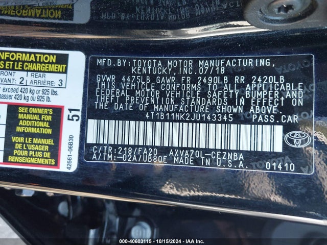 Toyota CAMRY LE 2018 4T1B11HK2JU143345 Image 9