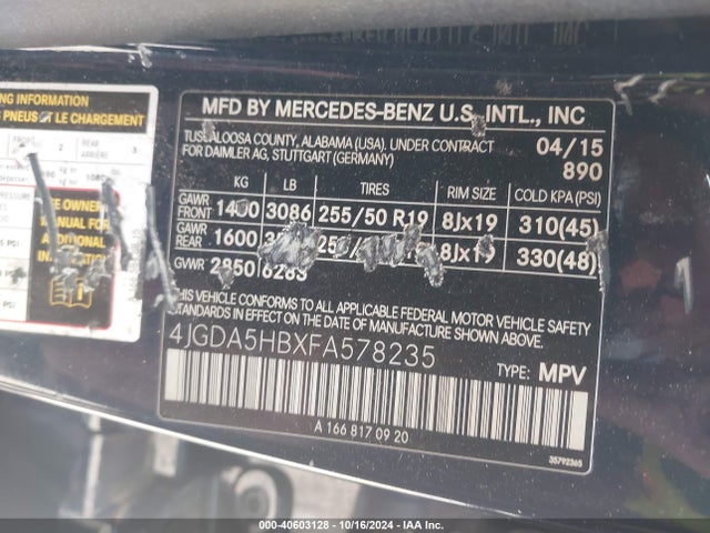Mercedes-Benz Ml 350 4matic 2015 4JGDA5HBXFA578235 Image 9