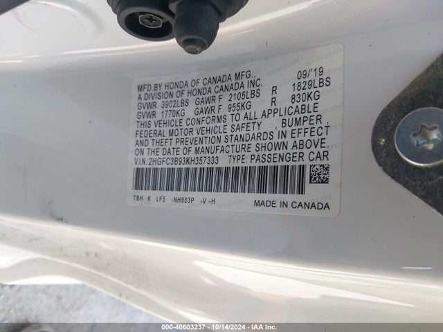Honda Civic Touring 2019 2HGFC3B93KH357333 Image 9