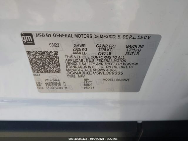 3GNAXKEV5NL309335 Chevrolet Equinox Fwd Lt