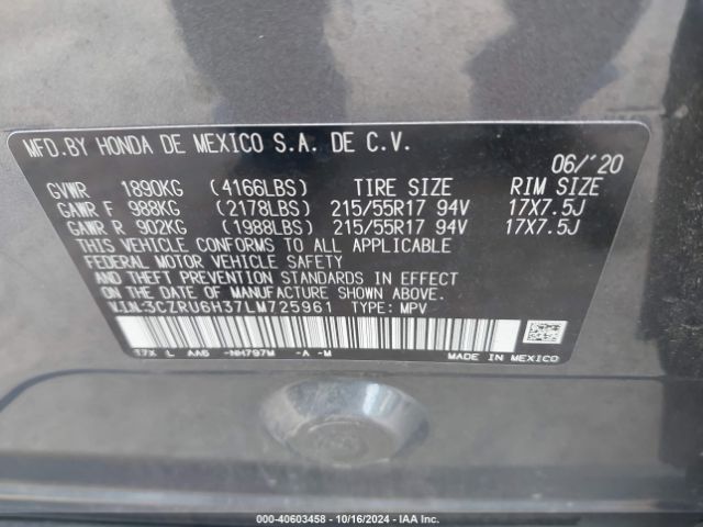 3CZRU6H37LM725961 Honda Hr-v Awd Lx