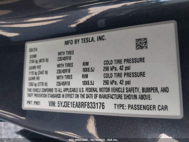 5YJ3E1EA8RF833176 Tesla Model 3 Rear-wheel Drive