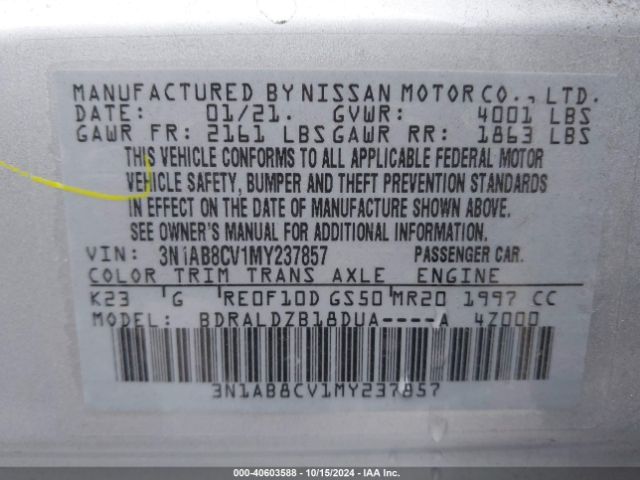 3N1AB8CV1MY237857 Nissan Sentra Sv Xtronic Cvt