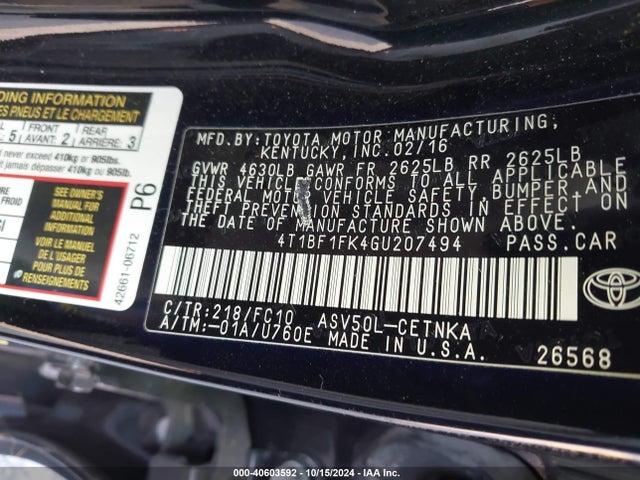 Toyota CAMRY LE 2016 4T1BF1FK4GU207494 Image 9