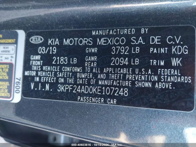 3KPF24AD0KE107248 KIA FORTE FE