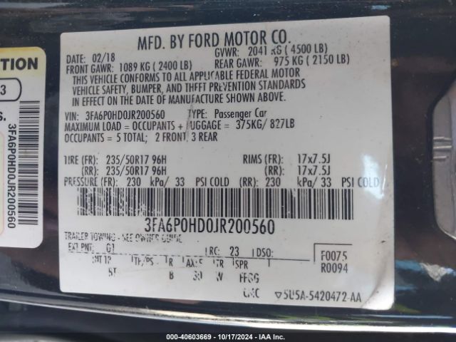 3FA6P0HD0JR200560 Ford FUSION SE