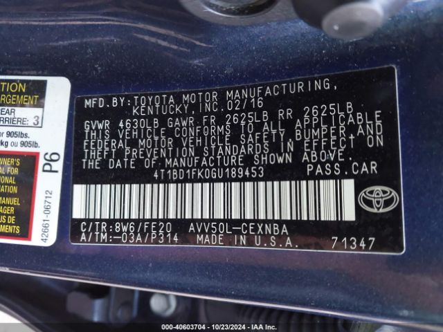 4T1BD1FK0GU189453 Toyota Camry Hybrid Le