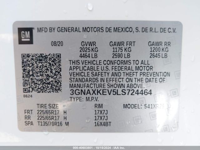 3GNAXKEV5LS724464 Chevrolet Equinox Fwd Lt 1.5l Turbo