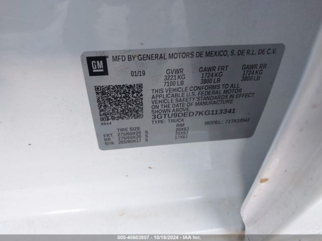 3GTU9DED7KG113341 GMC Sierra 1500 Slt