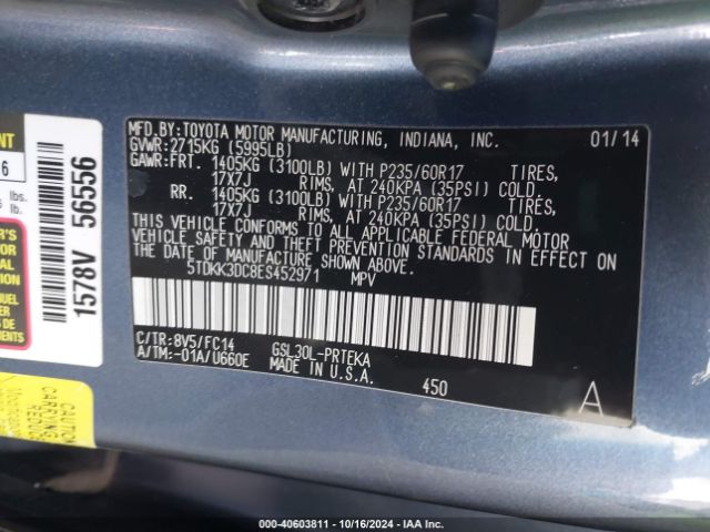 5TDKK3DC8ES452971 Toyota Sienna Le V6 8 Passenger