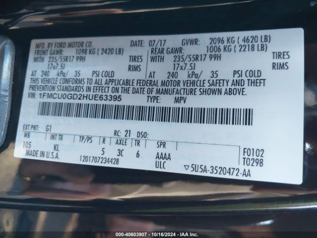 1FMCU0GD2HUE63395 Ford ESCAPE SE