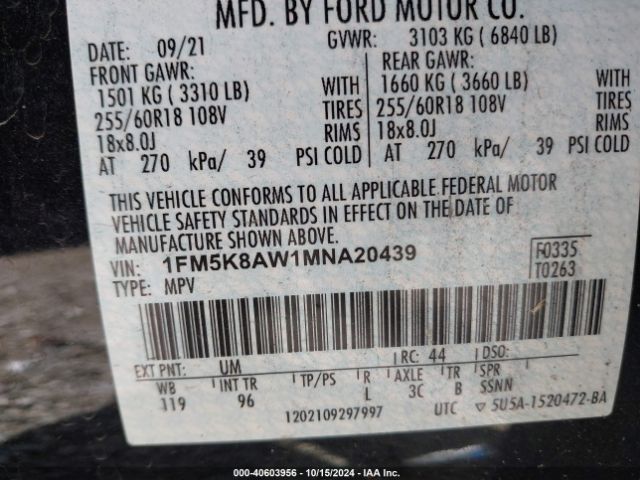 1FM5K8AW1MNA20439 Ford Police Interceptor Utility