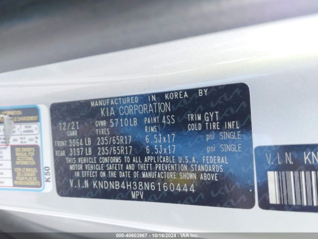 KNDNB4H38N6160444 KIA Carnival Mpv Lx Seat Package