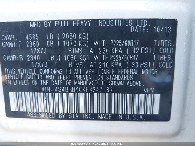Subaru Outback 2.5i Limited 2014 4S4BRBKCXE3247187 Image 9