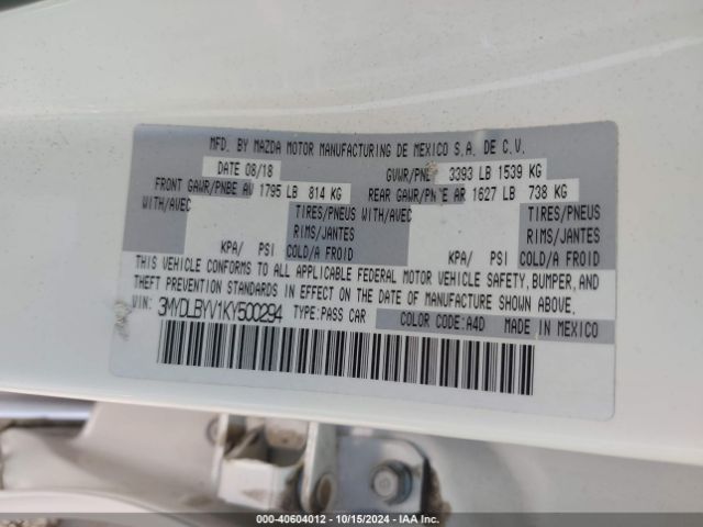3MYDLBYV1KY500294 Toyota YARIS L