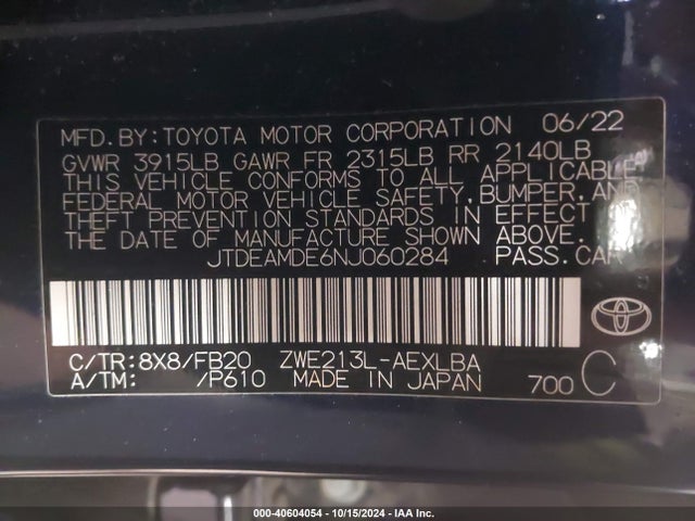 JTDEAMDE6NJ060284 Toyota Corolla Hybrid Le