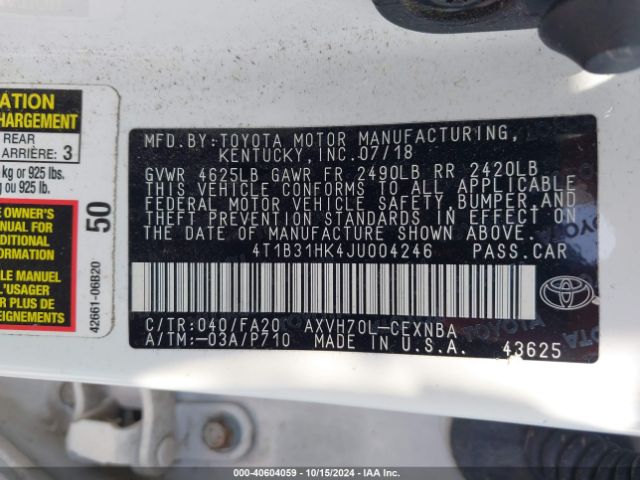 4T1B31HK4JU004246 Toyota Camry Hybrid Le