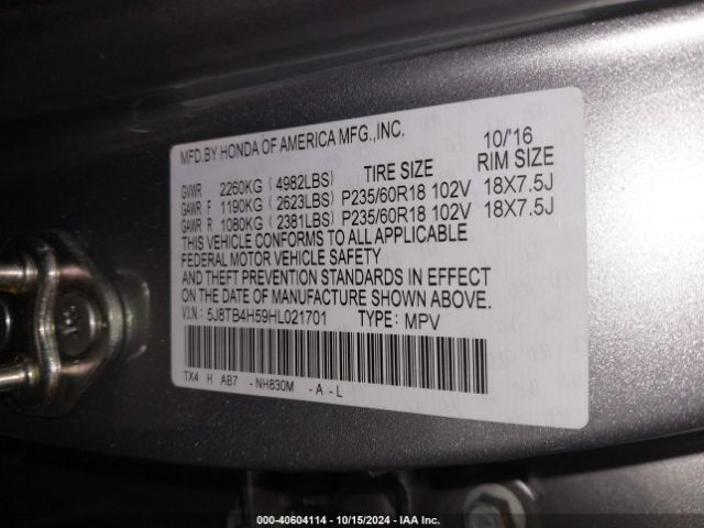 5J8TB4H59HL021701 Acura Rdx Technology   Acurawatch Plus Packages/w/technology Package