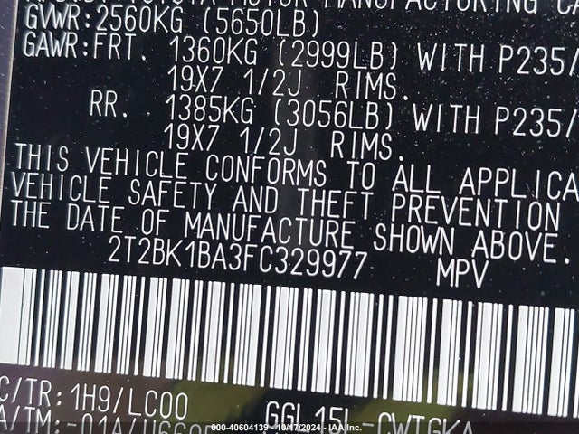 2T2BK1BA3FC329977 Lexus RX 350