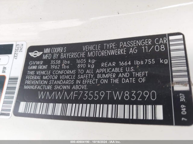 2009 MINI COOPER S WMWMF73559TW83290 Photo 8