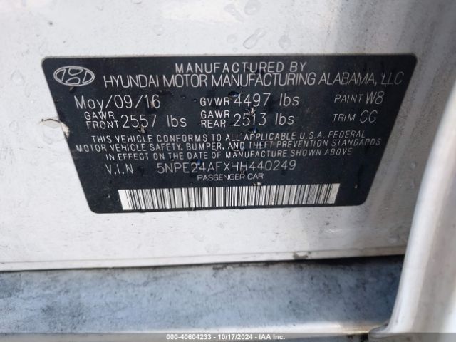 5NPE24AFXHH440249 Hyundai SONATA SE