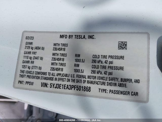 5YJ3E1EA3PF501868 Tesla Model 3 Rear-wheel Drive