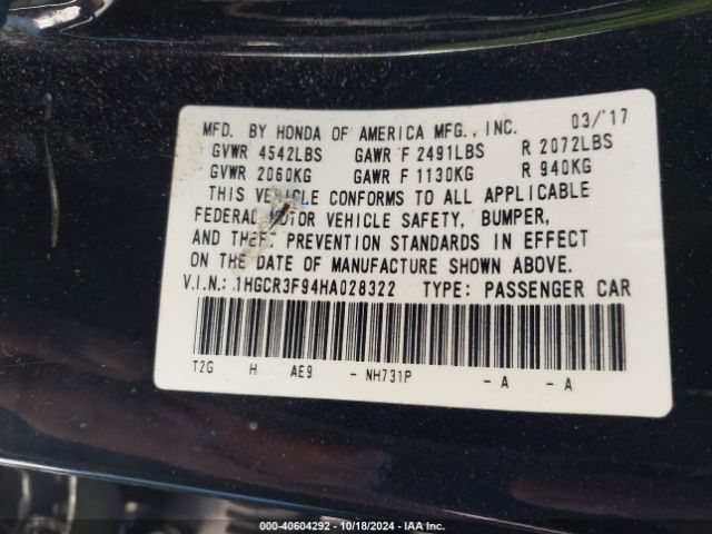 1HGCR3F94HA028322 Honda Accord Touring V6