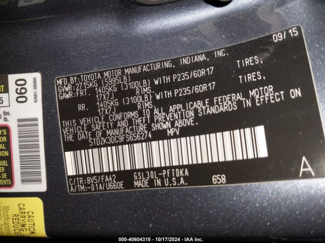 5TDZK3DC9FS656274 Toyota Sienna L 7 Passenger
