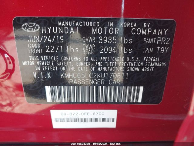 KMHC65LC2KU170611 Hyundai Ioniq Hybrid Blue