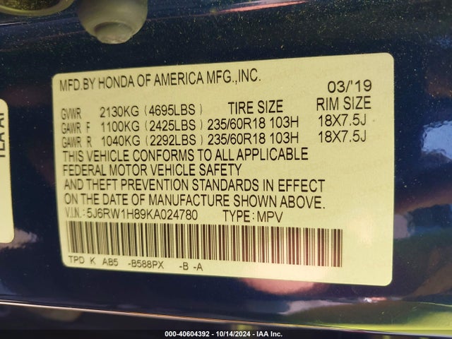 Honda Cr-v Ex-l 2019 5J6RW1H89KA024780 Image 9