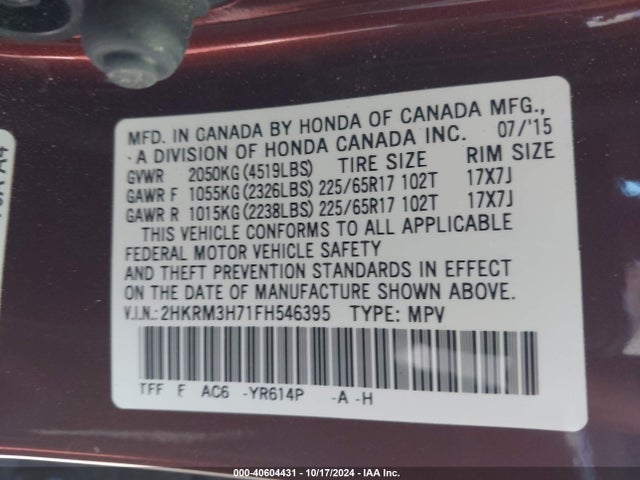 Honda Cr-v Ex-l 2015 2HKRM3H71FH546395 Image 9
