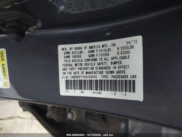 Honda ACCORD EX 2015 1HGCR2F71FA163974 Image 9