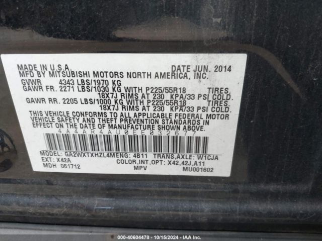 4A4AR4AU0EE032677 Mitsubishi Outlander Sport Se