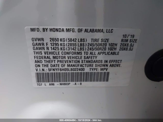 Honda Pilot Awd Elite 2020 5FNYF6H05LB022400 Image 9