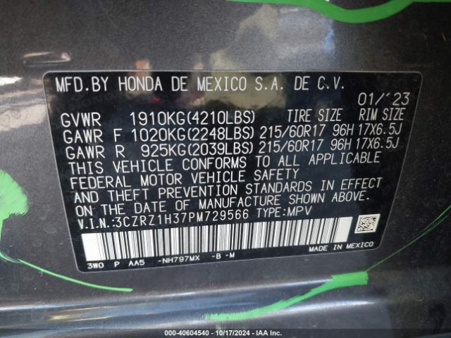 3CZRZ1H37PM729566 Honda Hr-v 2wd Lx