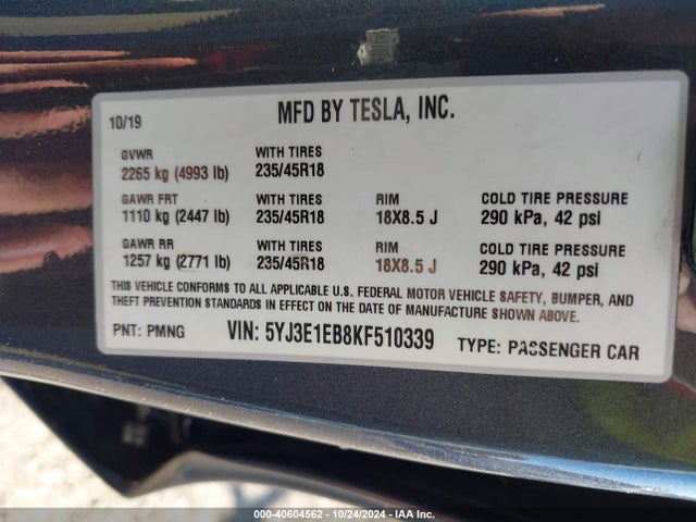 2019 TESLA MODEL 3 5YJ3E1EB8KF510339 Photo 8