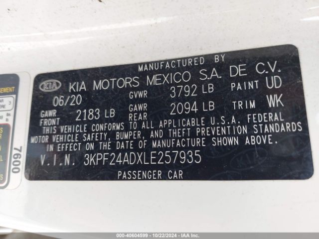 3KPF24ADXLE257935 KIA FORTE FE