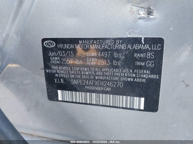 Hyundai SONATA SE 2015 5NPE24AFXFH246270 Image 9