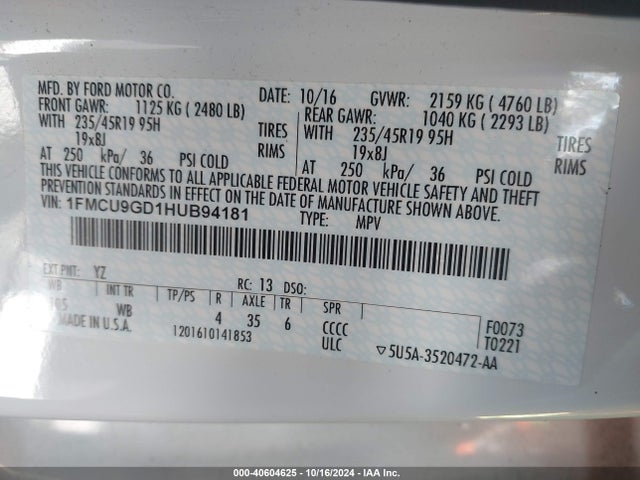 Ford ESCAPE SE 2017 1FMCU9GD1HUB94181 Image 9