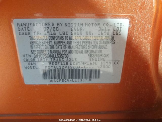 3N1CP5CV4LL535730 Nissan Kicks Sv Xtronic Cvt