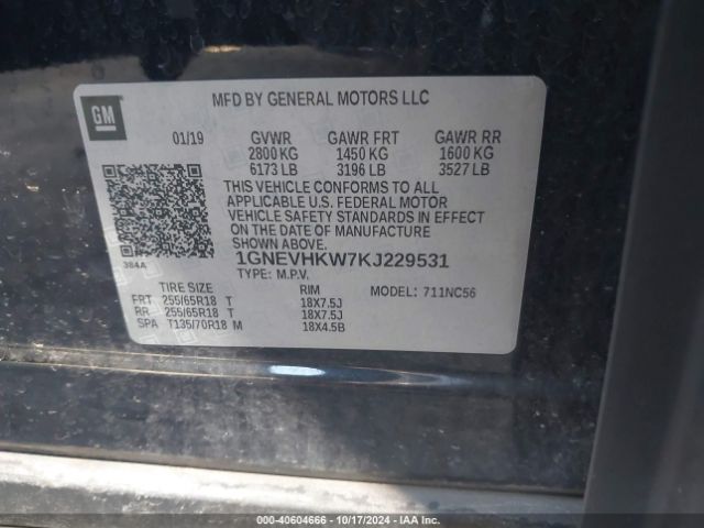 1GNEVHKW7KJ229531 Chevrolet Traverse 3lt