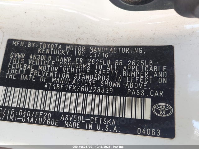Toyota CAMRY SE 2016 4T1BF1FK7GU228839 Image 9