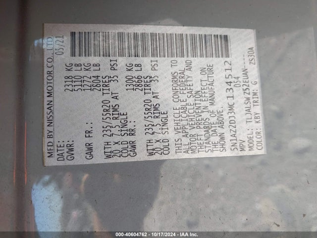 5N1AZ2DJ3MC134512 Nissan Murano Platinum Fwd