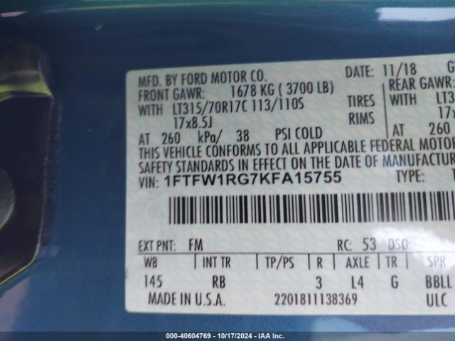 1FTFW1RG7KFA15755 Ford F-150 Raptor
