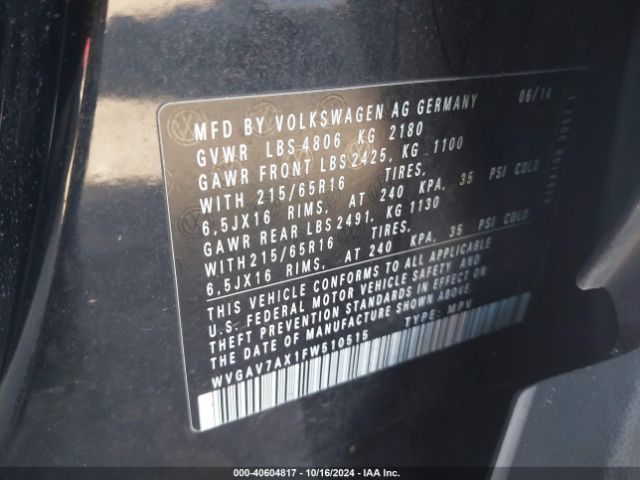 WVGAV7AX1FW510515 Volkswagen TIGUAN S