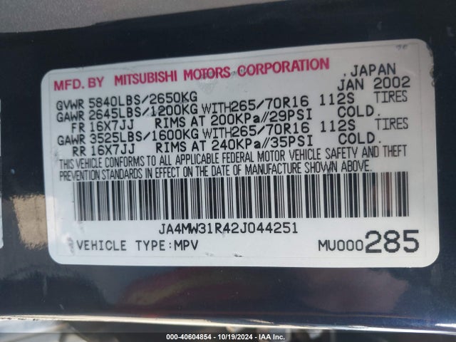 2002 MITSUBISHI MONTERO JA4MW31R42J044251 Photo 8