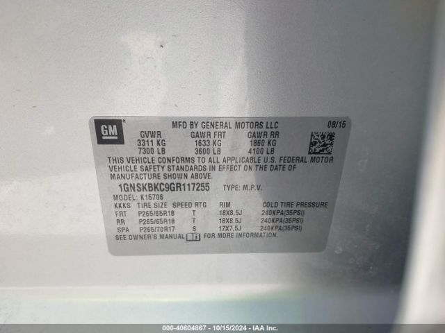 1GNSKBKC9GR117255 Chevrolet Tahoe Lt