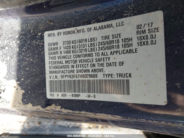 Honda Ridgeline Rtl-t 2017 5FPYK3F67HB029669 Image 9