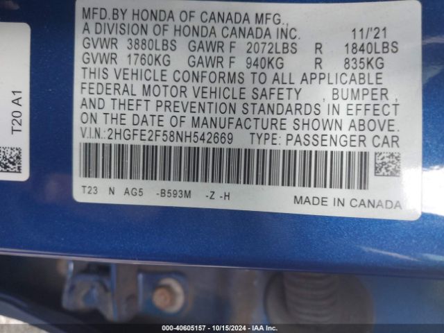 2HGFE2F58NH542669 Honda Civic Sport