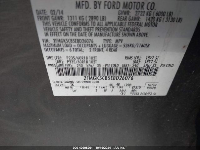 2FMGK5C85EBD26076 Ford FLEX SEL